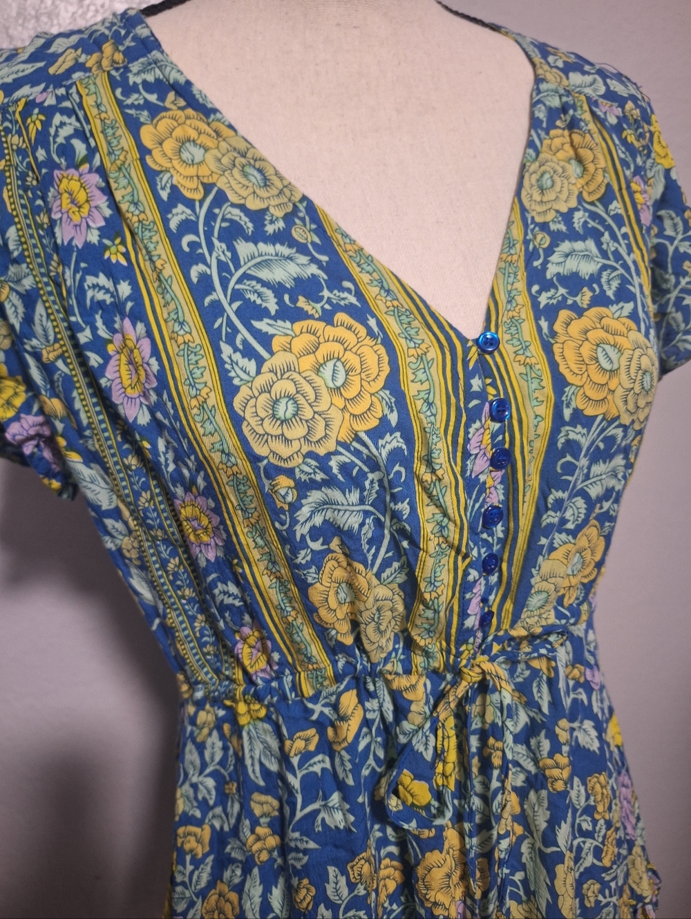 Sea Lustre Floral Blue Purple Yellow Short Sleeve Waist Tie V-Neck Mini Dress - Picture 2 of 7